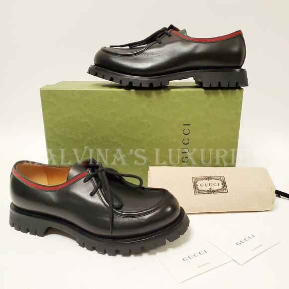 GUCCI SHOES MENS JASPER WEB TRIM LACE-UP BLACK LEATHER DERBY sz 9 / US 9.5 - Picture 4 of 14
